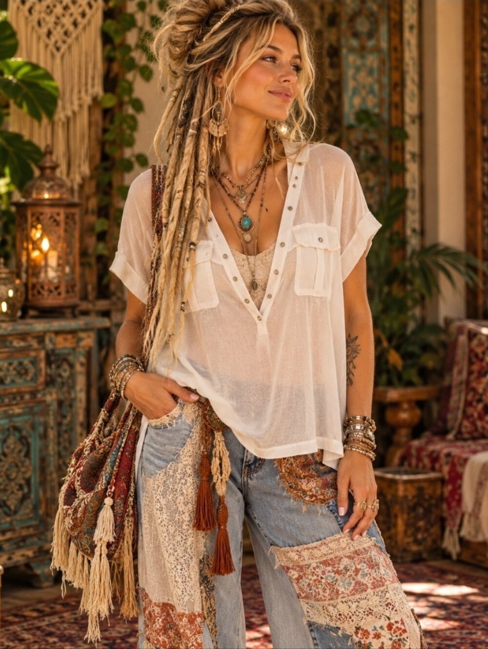 4/$15 Xhilaration M Cream Sheer Boho Blouse Utility Pocket Top Cottagecore Roman